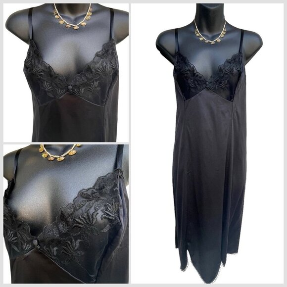 VTG 80s Vanity Fair Full Slip Dress Floral Sheer Bodice Silky Black Women’s 38 - Picture 1 of 11